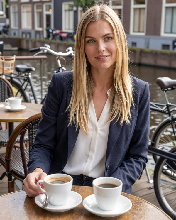 Dutch woman at an Amsterdam canal-side cafe enjoying coffee - authentic Netherlands dating culture on Cdleusa