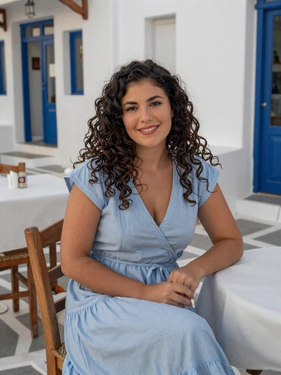 Eleni, 29, Greek woman at a blue-accented island cafe - verified Greek single on Cdleusa