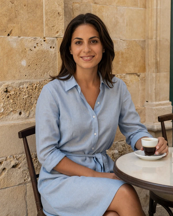 Maltese woman enjoying coffee at a traditional Valletta café - authentic Malta dating culture on Cdleusa