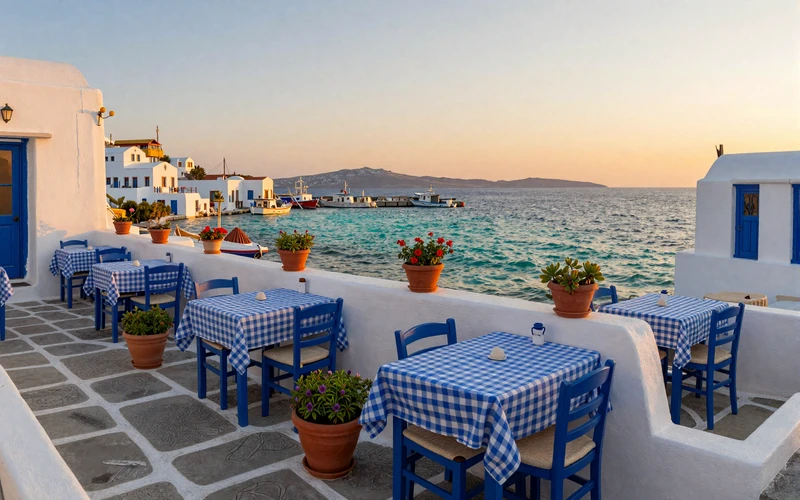 Greek seaside taverna at sunset with blue Aegean views - Greek dating culture centers on shared meals and hospitality
