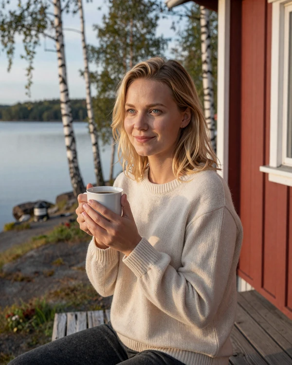 Finnish woman enjoying coffee at a lakeside cabin - authentic Finnish dating culture on Cdleusa