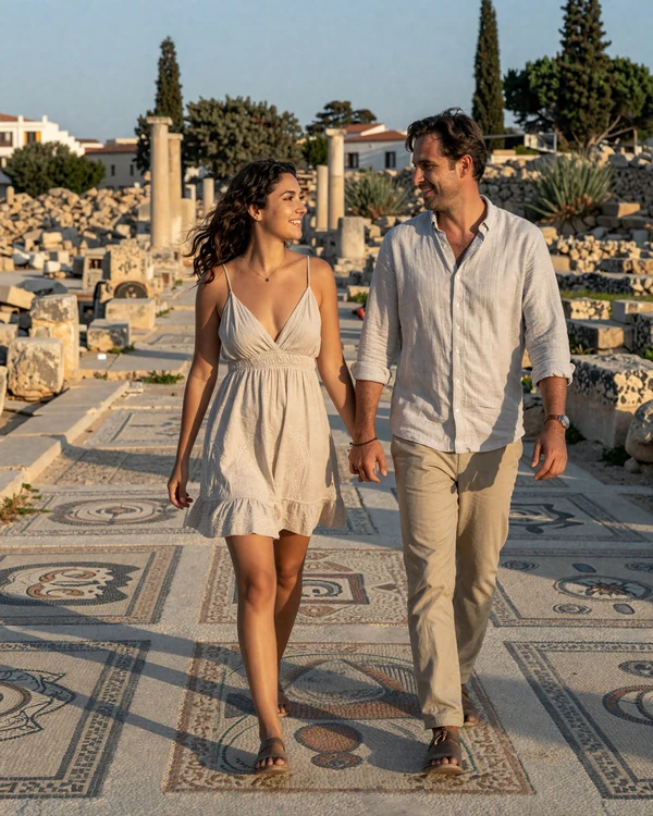 Couple exploring Paphos Archaeological Park in Cyprus - romantic first date ideas for American men dating Cypriot women