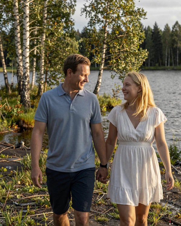 American man and Finnish woman walking by a Finnish lake - successful international couple on Cdleusa