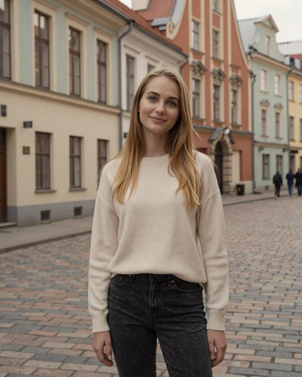 Young Latvian woman smiling on a cobblestone street in Riga old town - Baltic women dating guide
