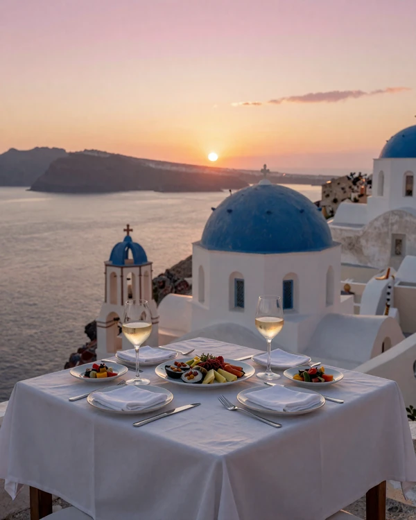 Romantic seaside dinner setup in Santorini Greece at sunset - Mediterranean first date ideas for European dating
