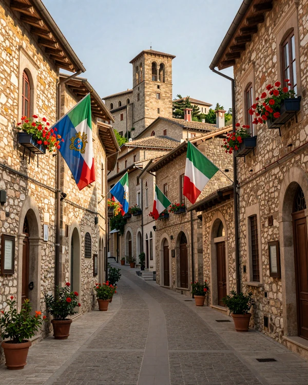 Charming narrow street in San Marino old town with stone buildings and terracotta rooftops - romantic European dating destination