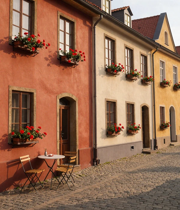 Charming European cobblestone street with cafe - the culture Cdleusa connects you with
