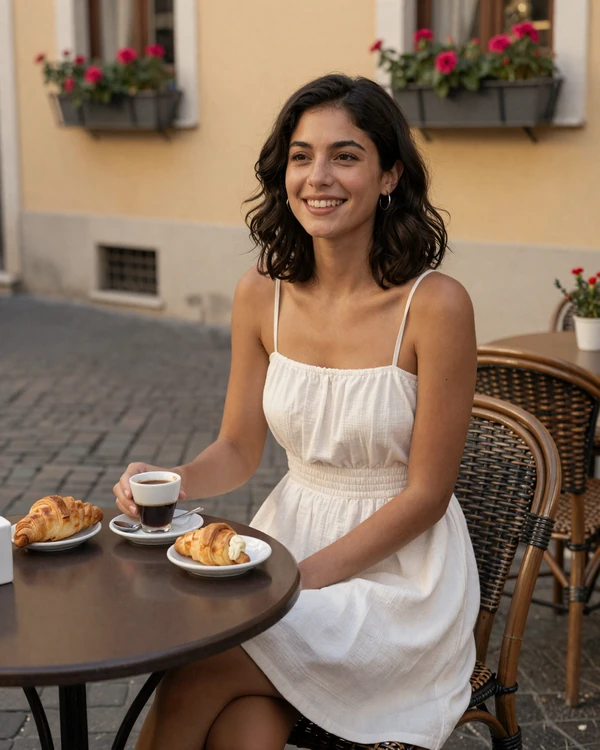 Italian woman enjoying espresso at an outdoor cafe on a charming cobblestone street - authentic Italian dating culture on Cdleusa