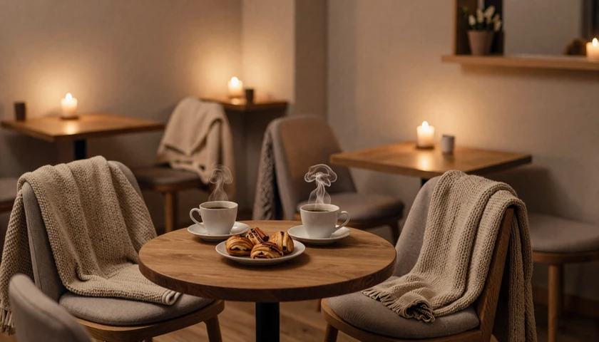 Cozy Danish cafe with hygge atmosphere and candlelight - the ideal setting for a first date with a Danish woman