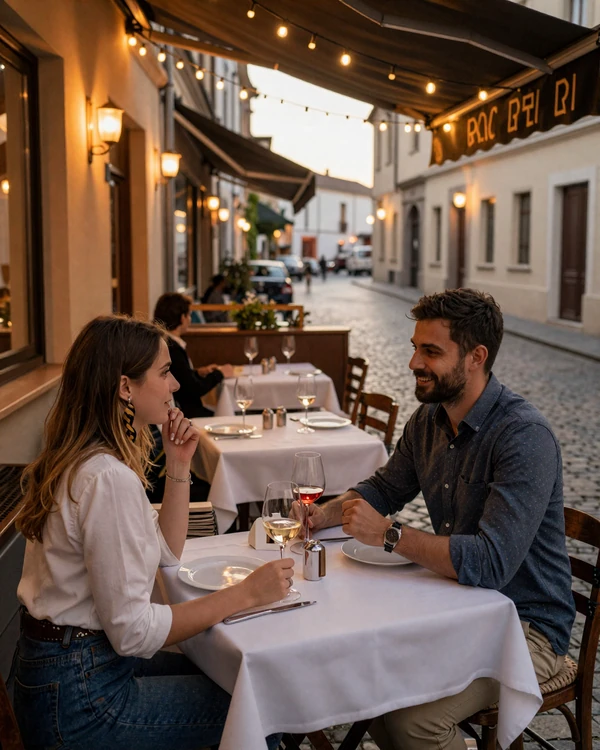 Couple at a romantic outdoor European restaurant terrace - European dating pace and culture differences