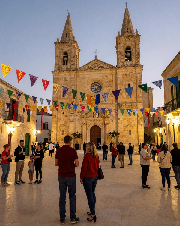 Traditional Maltese village festa celebration with illuminated church - Malta dating culture and community traditions