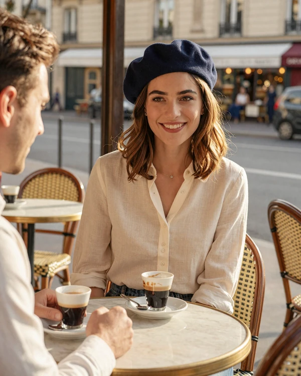 Couple enjoying espresso at a Parisian bistro terrace - first date ideas in France for European dating
