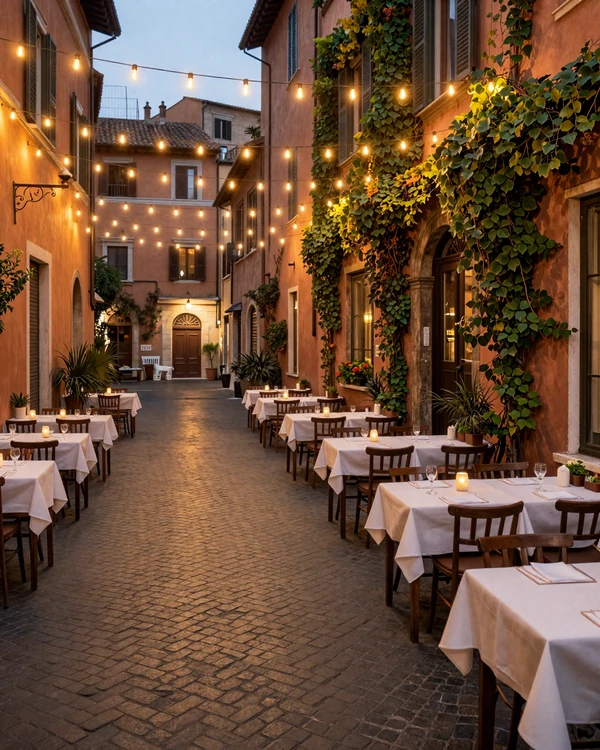 Romantic evening in Trastevere Rome with string lights and outdoor dining - Vatican-area dating destination
