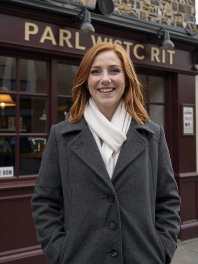 Fiona, 31, Irish woman laughing outside a cozy pub - Irish single on Cdleusa
