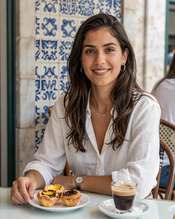 Portuguese woman enjoying coffee and pastéis de nata at a Lisbon café - authentic Portuguese dating culture on Cdleusa