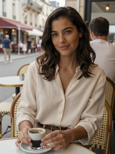 Elodie, 29, French woman at a Parisian cafe smiling warmly - European single on Cdleusa