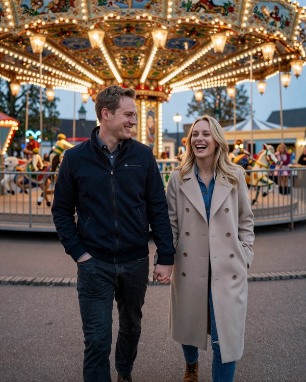 Couple enjoying Tivoli Gardens Copenhagen evening - international dating success with Danish women on Cdleusa