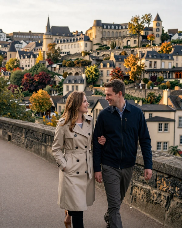 Couple walking along the Chemin de la Corniche in Luxembourg City - romantic European dating scene on Cdleusa