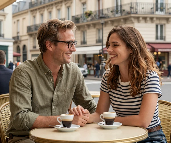 Robert and Amélie at a Parisian cafe holding hands - Cdleusa French dating success story