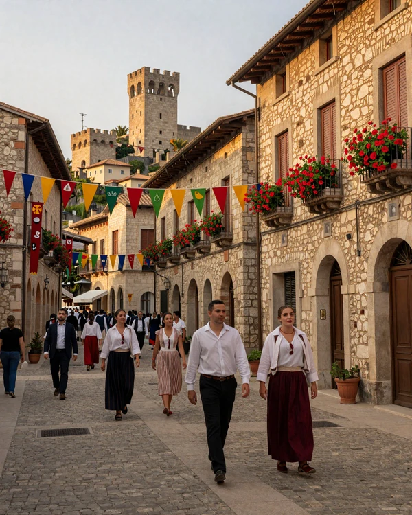 Medieval festival in San Marino old town with decorated cobblestone streets and Monte Titano towers - San Marinese cultural traditions