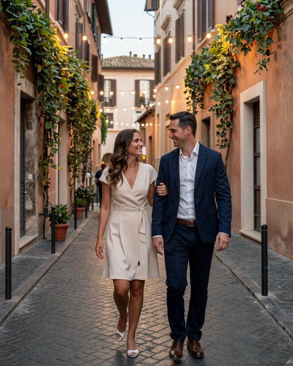 Couple walking through Trastevere at dusk in Rome - romantic Vatican-area dating experience on Cdleusa