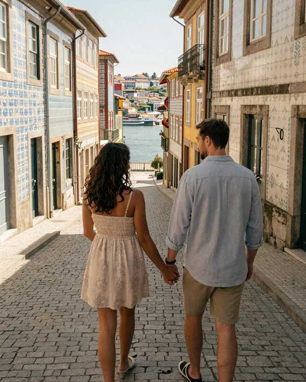 Couple walking together through a colorful Porto street - international dating on Cdleusa platform