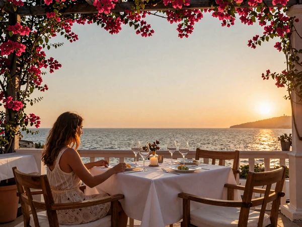 Elegant dinner setting for two at a Mediterranean terrace restaurant overlooking the sea - romantic first date idea for Monaco dating