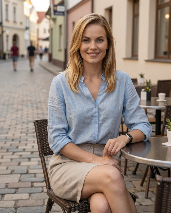 Lithuanian woman enjoying an outdoor cafe in Vilnius Old Town - authentic Lithuanian dating culture on Cdleusa