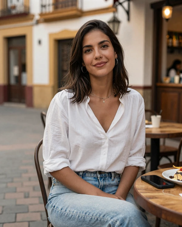 Spanish woman enjoying tapas at an outdoor bar in Seville - authentic Spanish dating culture on Cdleusa