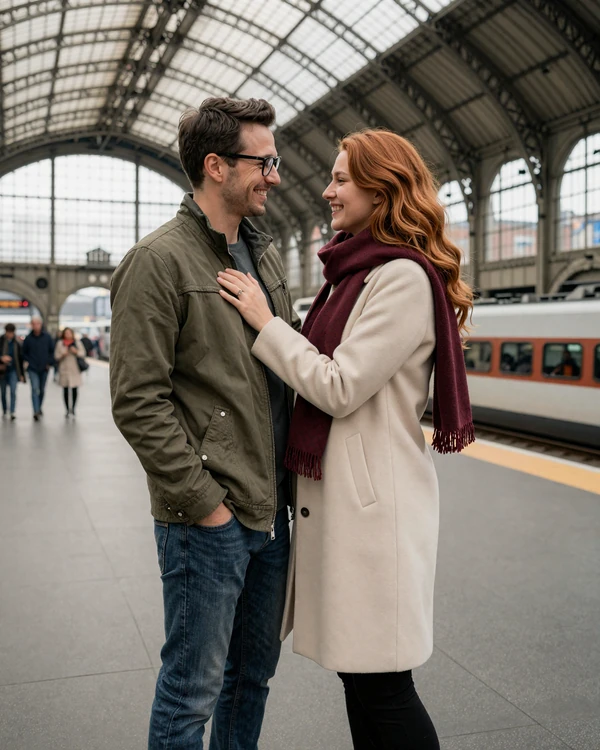 American man meeting his European girlfriend at a train station - planning visits for long-distance relationship