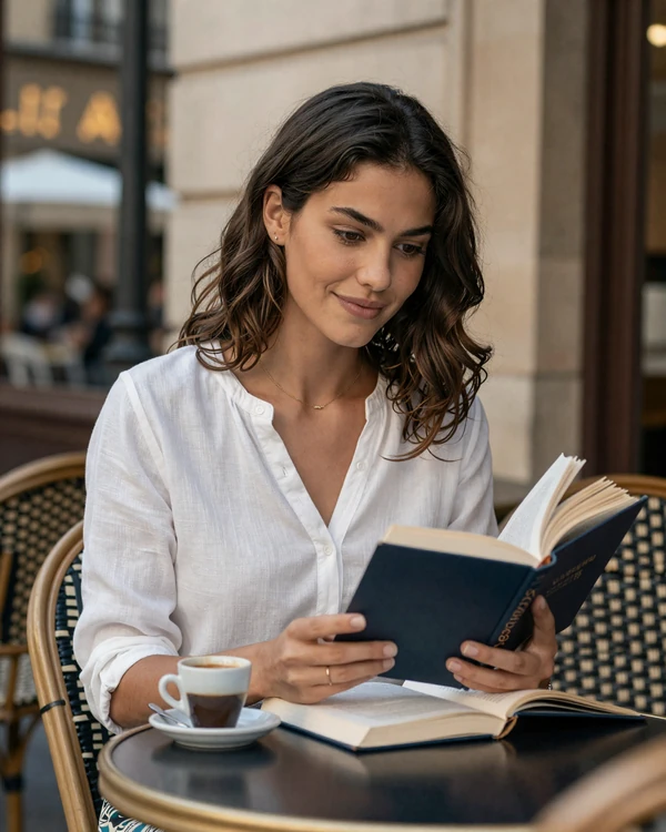 French woman reading at a charming Lyon café - authentic French dating culture on Cdleusa
