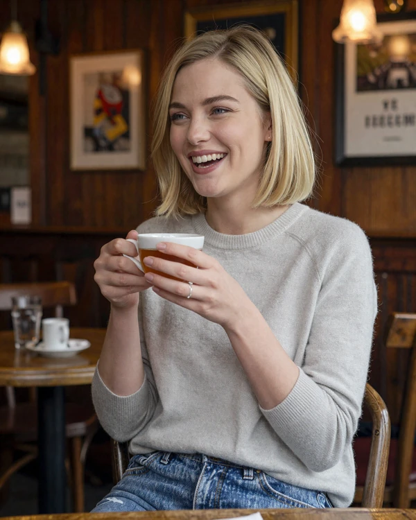 British woman enjoying tea in a cozy English pub - authentic UK dating culture on Cdleusa
