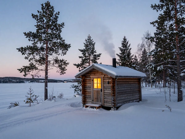 Traditional Finnish sauna cabin by a frozen lake in winter - Finnish dating culture and sauna tradition