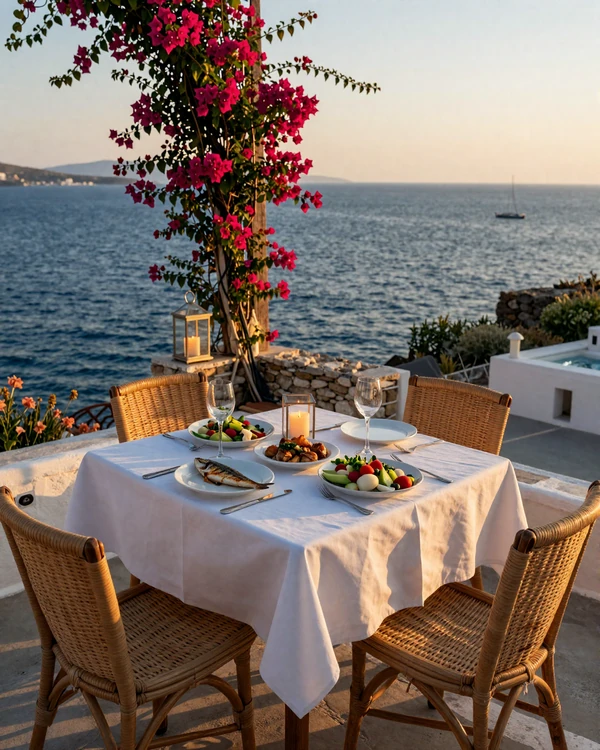 Romantic seaside dinner setting in Greece overlooking the Aegean Sea - ideal Greek dating experience