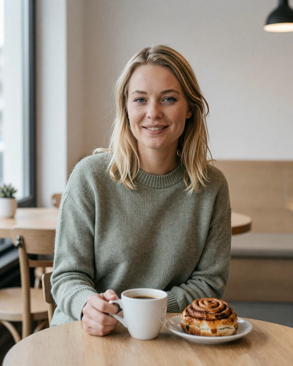 Swedish woman enjoying fika at a cozy Stockholm cafe - authentic Swedish dating culture on Cdleusa