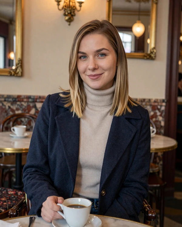 Austrian woman enjoying coffee at a traditional Viennese coffee house - authentic Austrian dating culture on Cdleusa